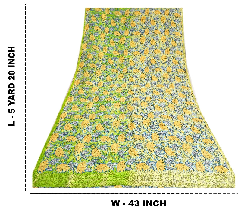 Sanskriti Vintage Sarees Green Indian Pure Crepe Silk Printed Sari Craft Sustainable Fabric
