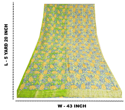 Sanskriti Vintage Sarees Green Indian Pure Crepe Silk Printed Sari Craft Sustainable Fabric