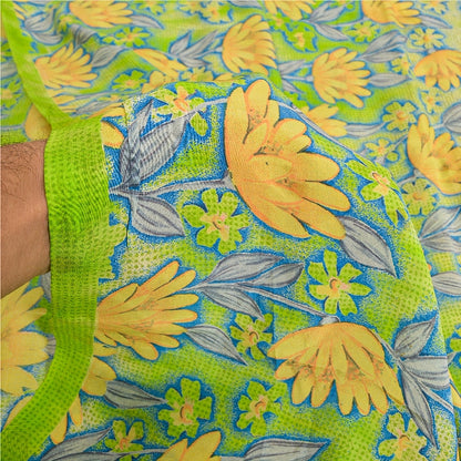 Sanskriti Vintage Sarees Green Indian Pure Crepe Silk Printed Sari Craft Sustainable Fabric