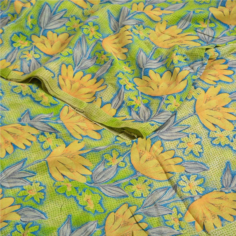 Sanskriti Vintage Sarees Green Indian Pure Crepe Silk Printed Sari Craft Sustainable Fabric