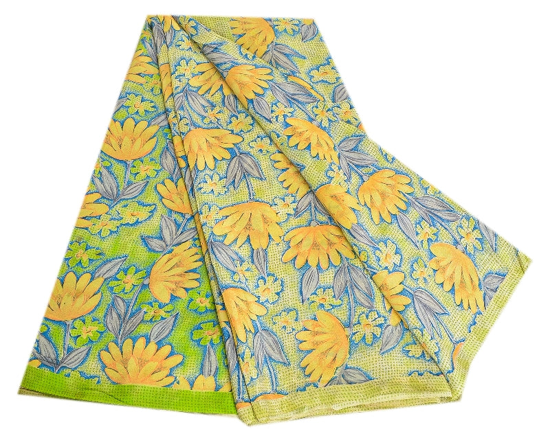 Sanskriti Vintage Sarees Green Indian Pure Crepe Silk Printed Sari Craft Sustainable Fabric