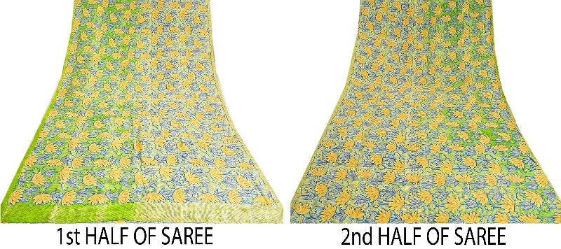 Sanskriti Vintage Sarees Green Indian Pure Crepe Silk Printed Sari Craft Sustainable Fabric