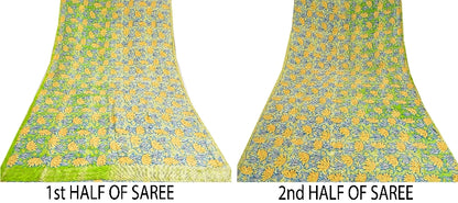 Sanskriti Vintage Sarees Green Indian Pure Crepe Silk Printed Sari Craft Sustainable Fabric