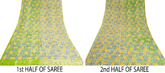 Санскритские винтажные сари из зеленого индийского чистого крепированного шелка с принтом для сари из экологически чистой ткани