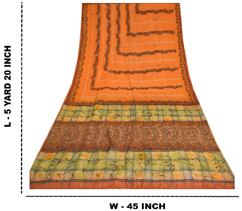 Sanskriti Vintage Sarees Orange Hand Beaded Pure Crepe Silk Printed Sari Sustainable Fabric
