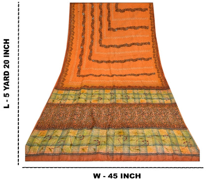 Sanskriti Vintage Sarees Orange Hand Beaded Pure Crepe Silk Printed Sari Sustainable Fabric