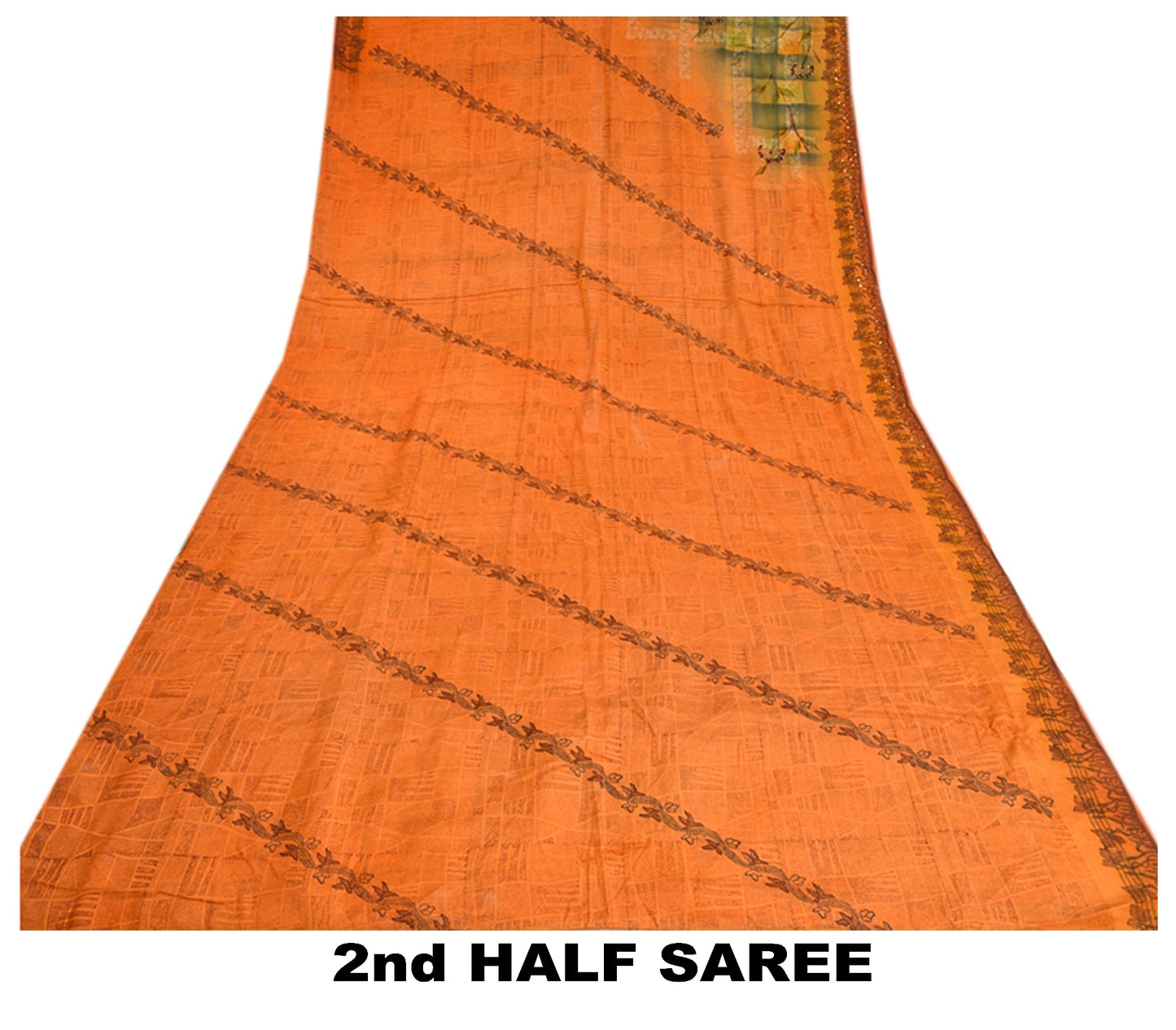 Sanskriti Vintage Sarees Orange Hand Beaded Pure Crepe Silk Printed Sari Sustainable Fabric