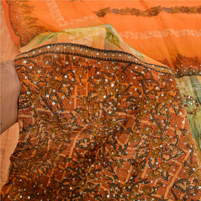 Sanskriti Vintage Sarees Orange Hand Beaded Pure Crepe Silk Printed Sari Sustainable Fabric
