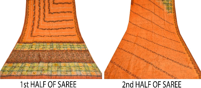 Sanskriti Vintage Sarees Orange Hand Beaded Pure Crepe Silk Printed Sari Sustainable Fabric