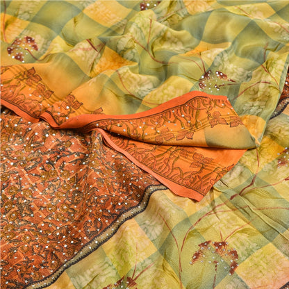 Sanskriti Vintage Sarees Orange Hand Beaded Pure Crepe Silk Printed Sari Sustainable Fabric