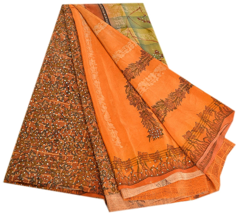 Sanskriti Vintage Sarees Orange Hand Beaded Pure Crepe Silk Printed Sari Sustainable Fabric