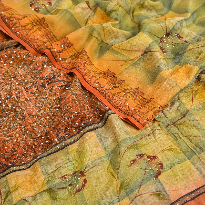 Sanskriti Vintage Sarees Orange Hand Beaded Pure Crepe Silk Printed Sari Sustainable Fabric