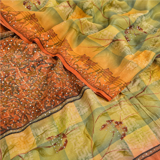 Sanskriti Vintage Sarees Orange Hand Beaded Pure Crepe Silk Printed Sari Sustainable Fabric