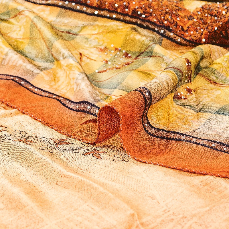 Sanskriti Vintage Sarees Orange Hand Beaded Pure Crepe Silk Printed Sari Sustainable Fabric