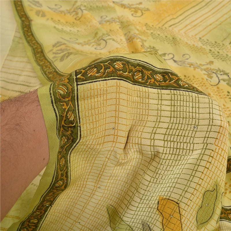 Sanskriti Vintage Sarees Multi Mukesh Printed Pure Crepe Silk Sari Craft Sustainable Fabric