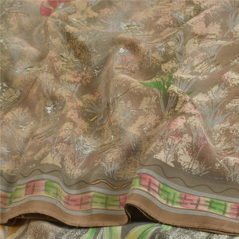Sanskriti Vintage Sarees Gray Indian Printed Pure Crepe Silk Sari Craft Sustainable Fabric