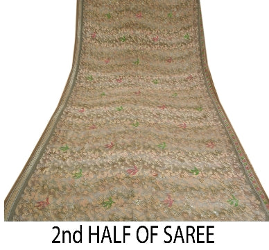 Sanskriti Vintage Sarees Gray Indian Printed Pure Crepe Silk Sari Craft Sustainable Fabric