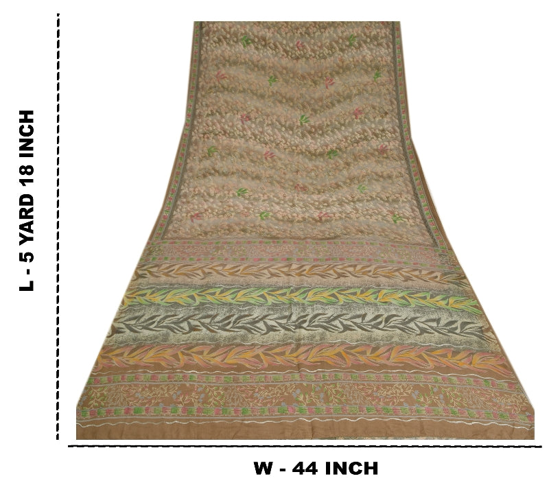 Sanskriti Vintage Sarees Gray Indian Printed Pure Crepe Silk Sari Craft Sustainable Fabric