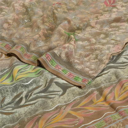 Sanskriti Vintage Sarees Gray Indian Printed Pure Crepe Silk Sari Craft Sustainable Fabric