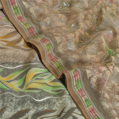 Sanskriti Vintage Sarees Gray Indian Printed Pure Crepe Silk Sari Craft Sustainable Fabric