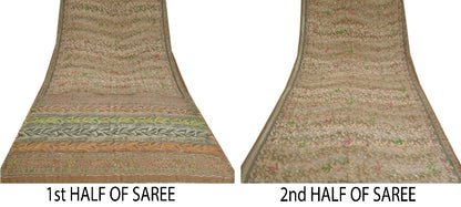 Sanskriti Vintage Sarees Gray Indian Printed Pure Crepe Silk Sari Craft Sustainable Fabric