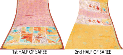 Sanskriti Vintage Sarees From India Pink Pure Crepe Silk Printed Sari 5yd Sustainable Fabric