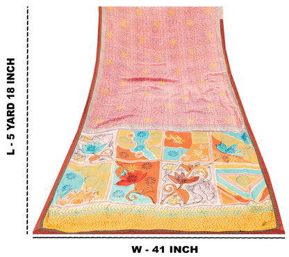 Sanskriti Vintage Sarees From India Pink Pure Crepe Silk Printed Sari 5yd Sustainable Fabric