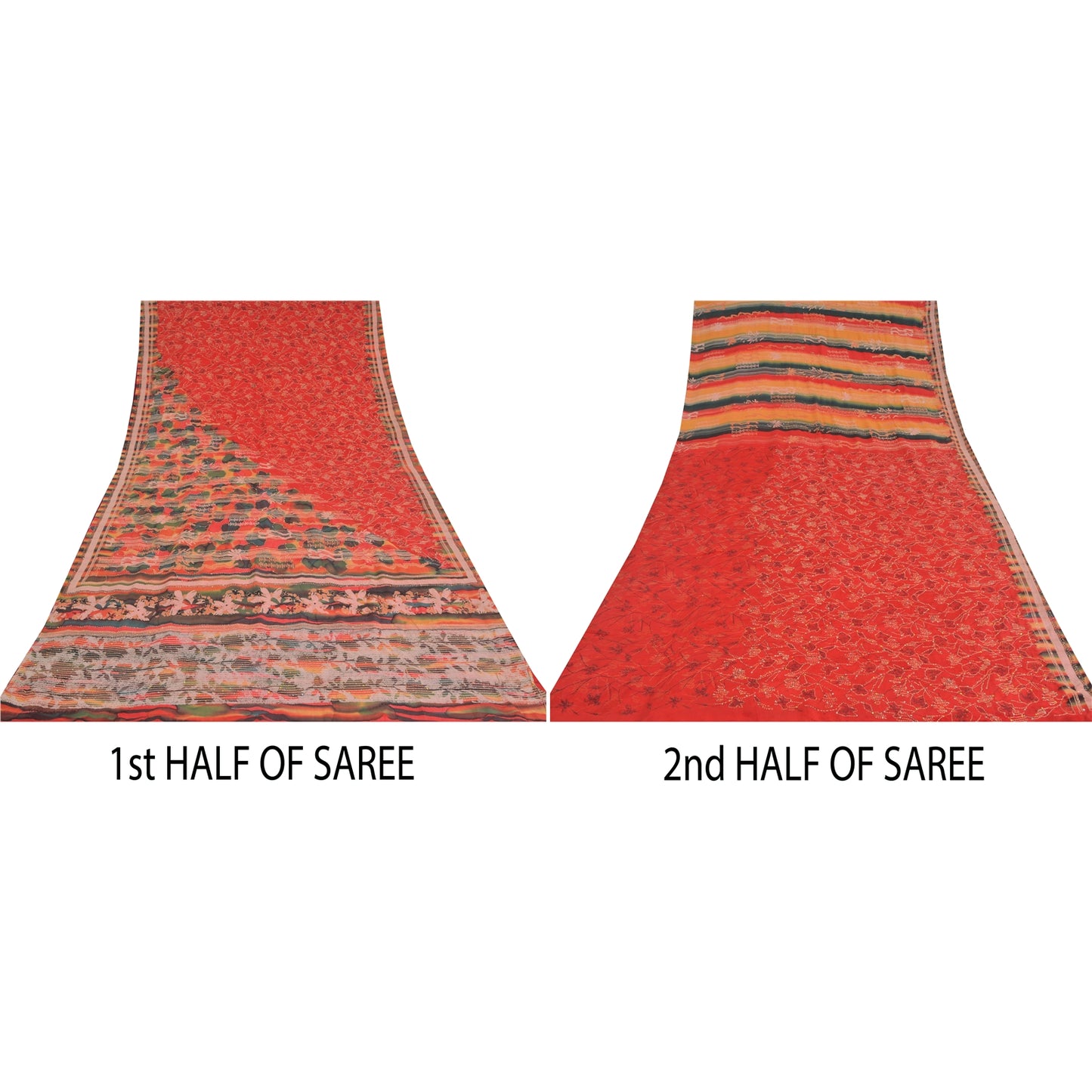 Sanskriti Vintage Saree Red 100%Pure Crepe Silk Hand Embroidery Kantha 5+YD Sari