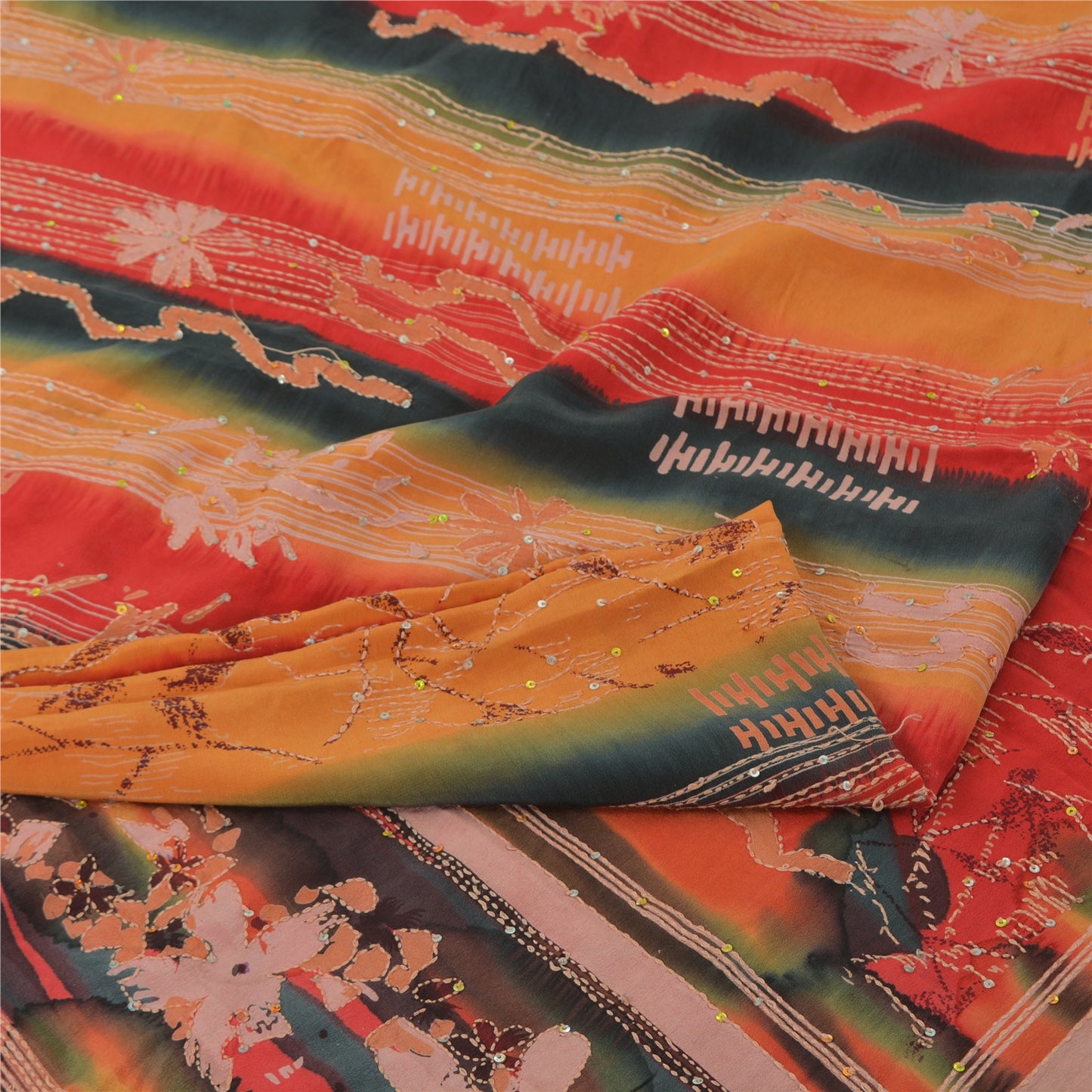 Sanskriti Vintage Saree Red 100%Pure Crepe Silk Hand Embroidery Kantha 5+YD Sari