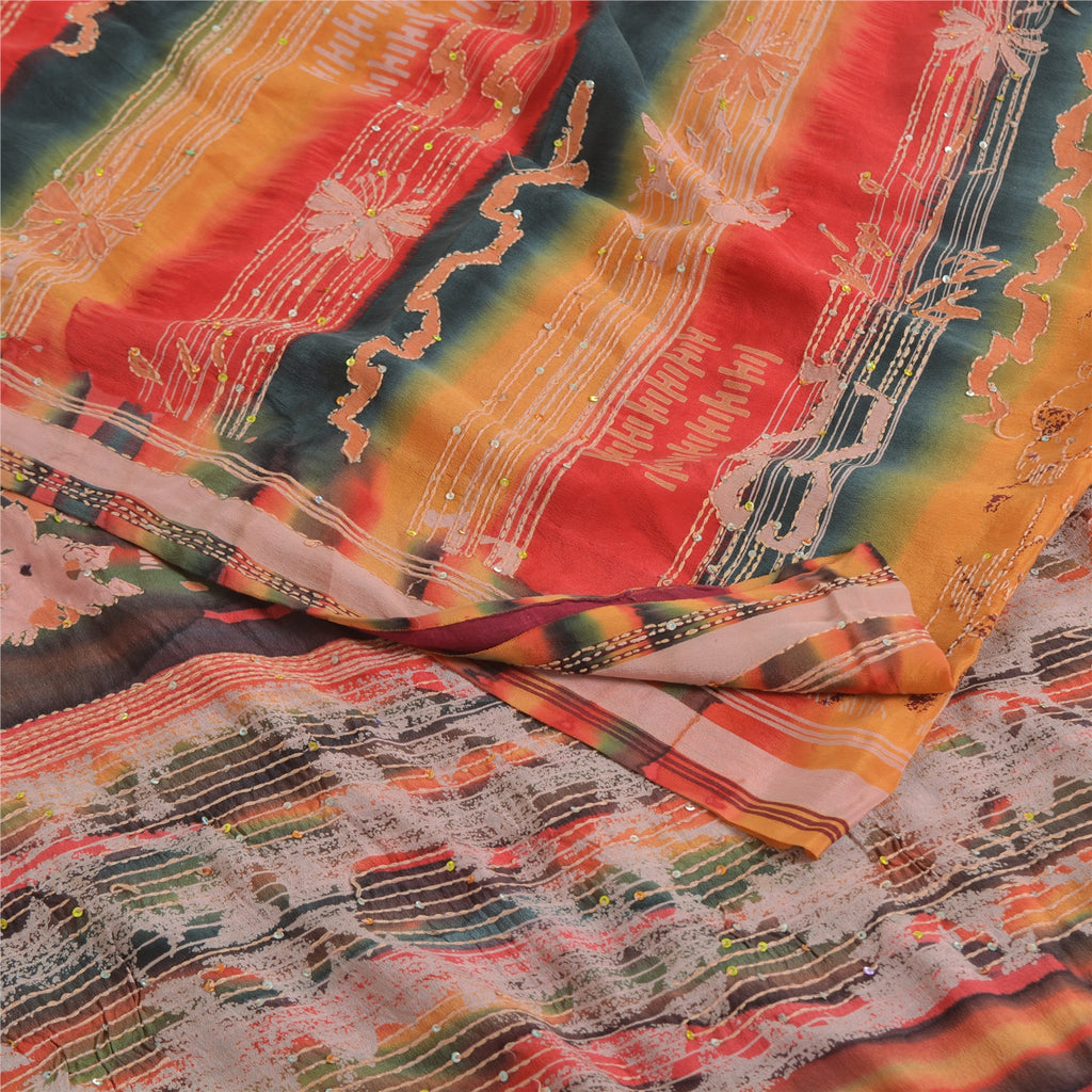 Sanskriti Vintage Saree Red 100%Pure Crepe Silk Hand Embroidery Kantha 5+YD Sari