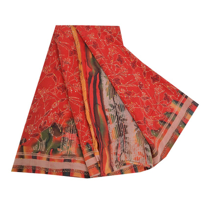Sanskriti Vintage Saree Red 100%Pure Crepe Silk Hand Embroidery Kantha 5+YD Sari