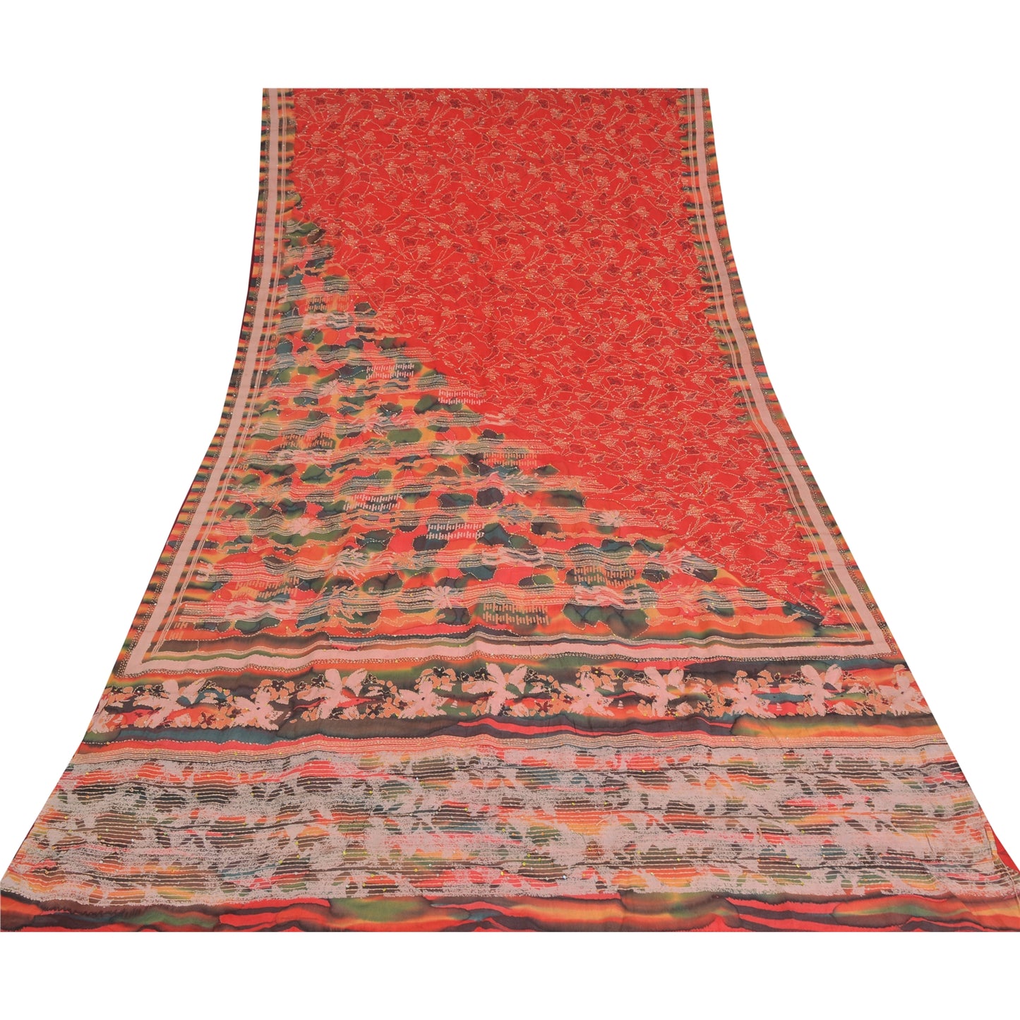 Sanskriti Vintage Saree Red 100%Pure Crepe Silk Hand Embroidery Kantha 5+YD Sari