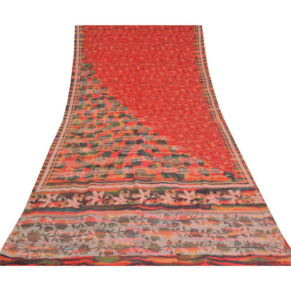 Sanskriti Vintage Saree Red 100%Pure Crepe Silk Hand Embroidery Kantha 5+YD Sari