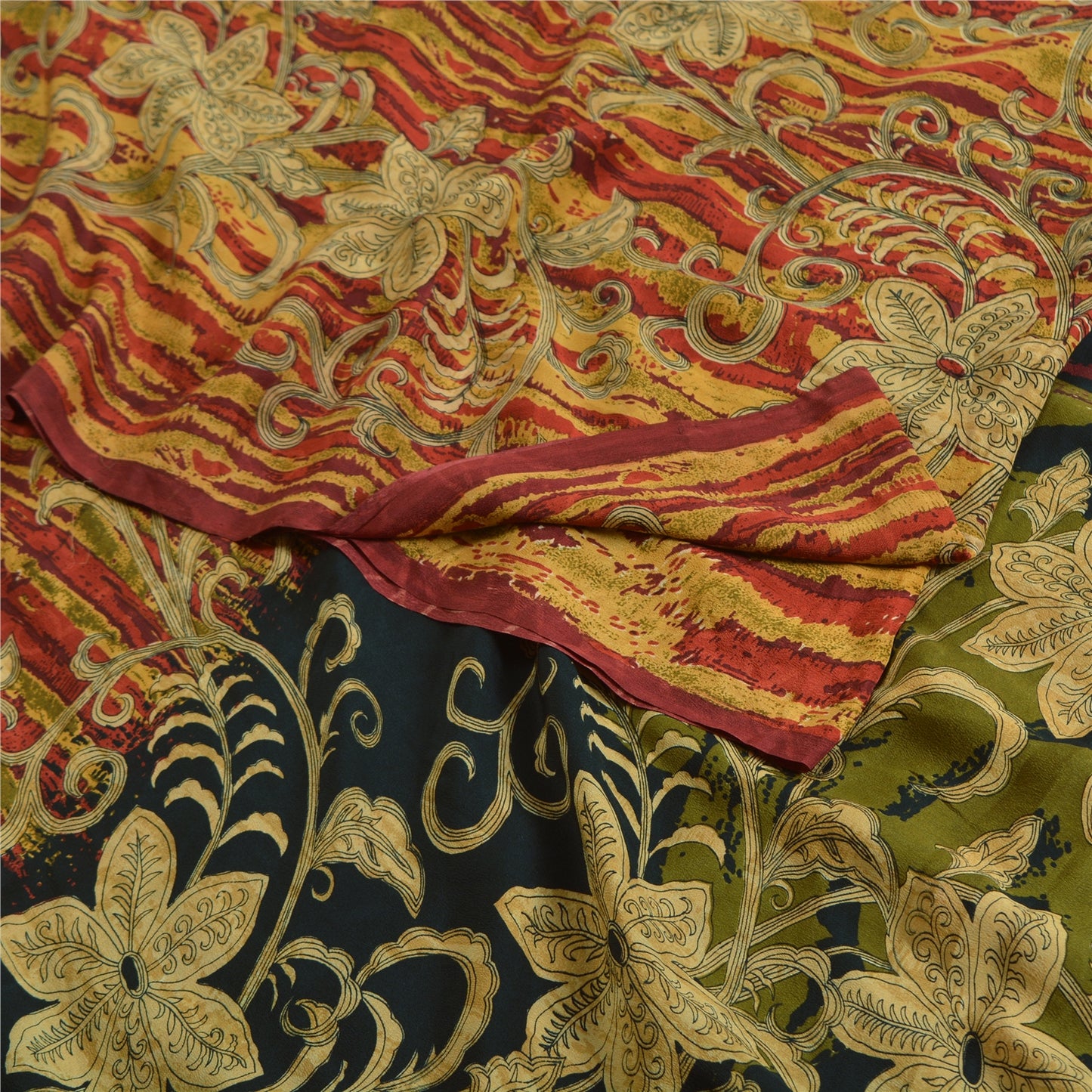 Sanskriti Vintage Sarees Dark Red Pure Crepe Silk Printed Sari Soft Craft Fabric