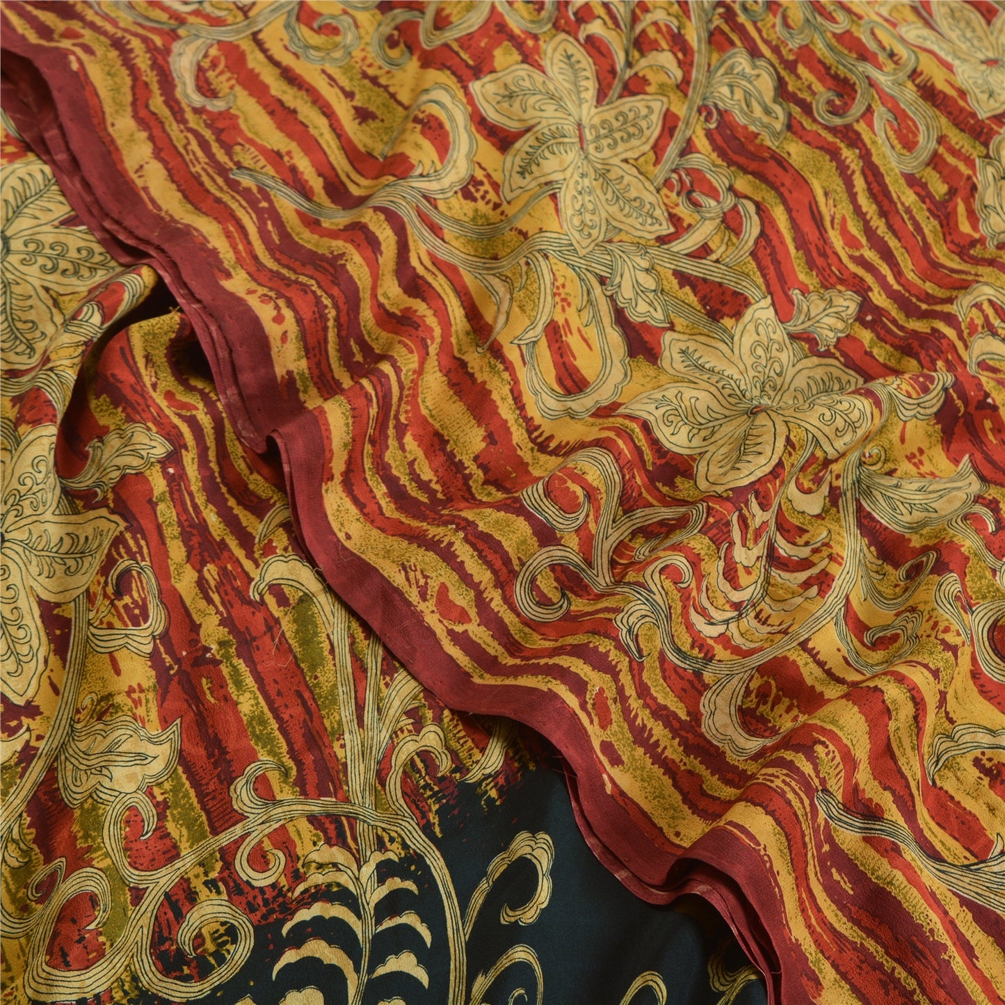 Sanskriti Vintage Sarees Dark Red Pure Crepe Silk Printed Sari Soft Craft Fabric