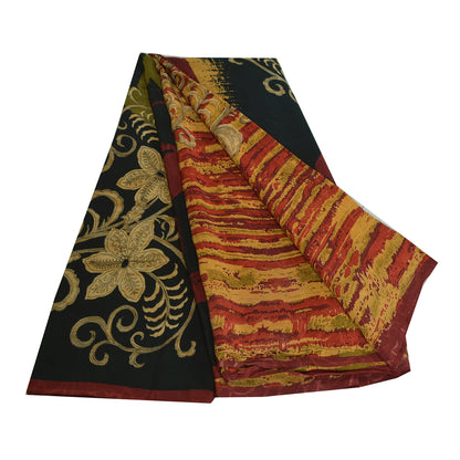 Sanskriti Vintage Sarees Dark Red Pure Crepe Silk Printed Sari Soft Craft Fabric