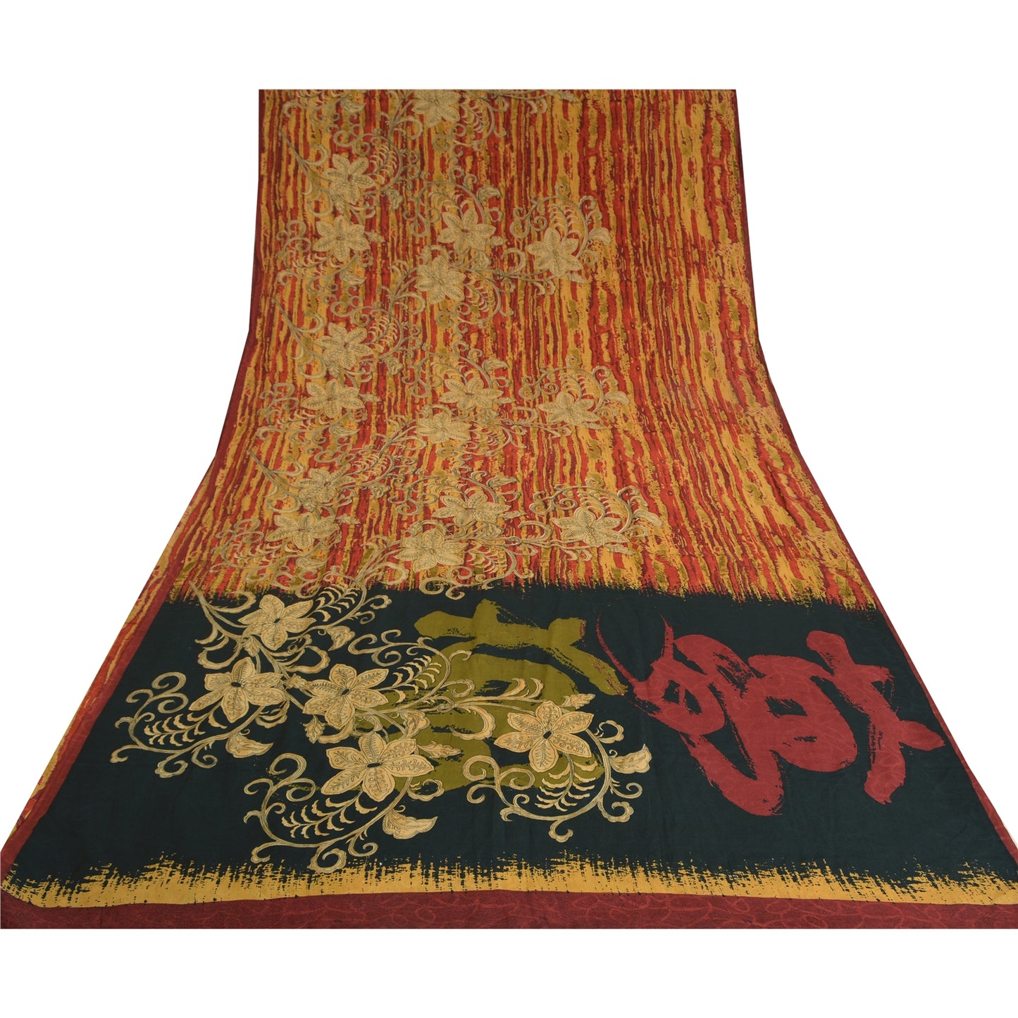 Sanskriti Vintage Sarees Dark Red Pure Crepe Silk Printed Sari Soft Craft Fabric