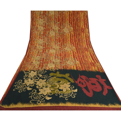 Sanskriti Vintage Sarees Dark Red Pure Crepe Silk Printed Sari Soft Craft Fabric