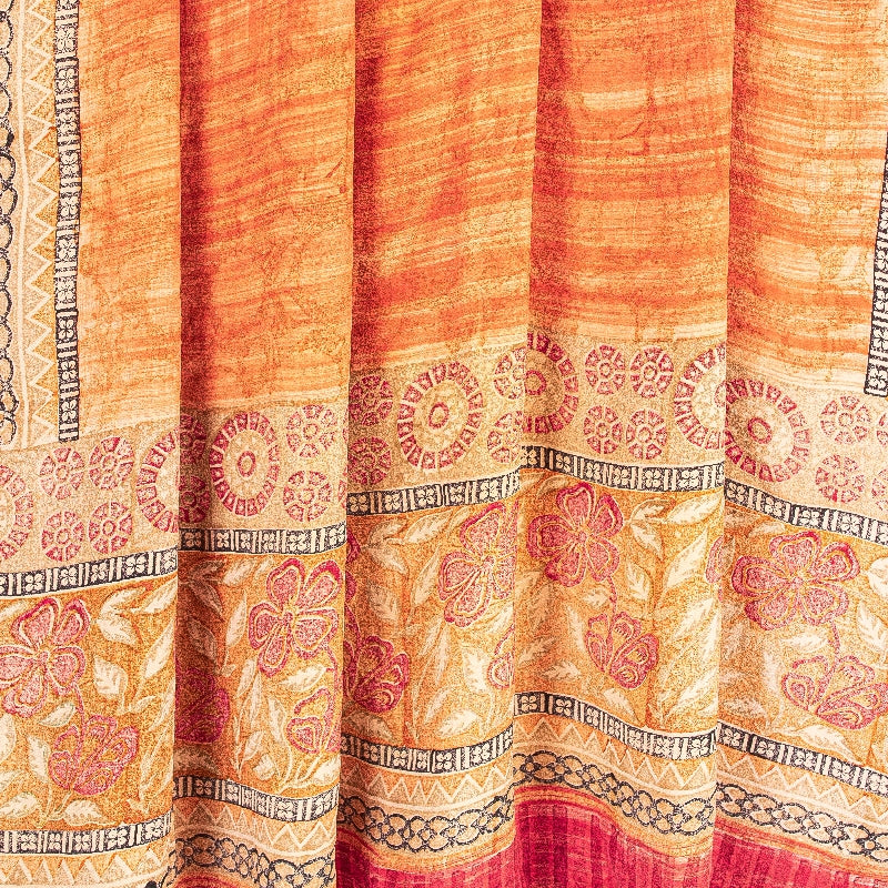 Sanskriti Vintage Sarees Peach & Red Pure Crepe Silk Printed Sari Craft Sustainable Fabric