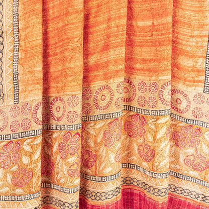 Sanskriti Vintage Sarees Peach & Red Pure Crepe Silk Printed Sari Craft Sustainable Fabric