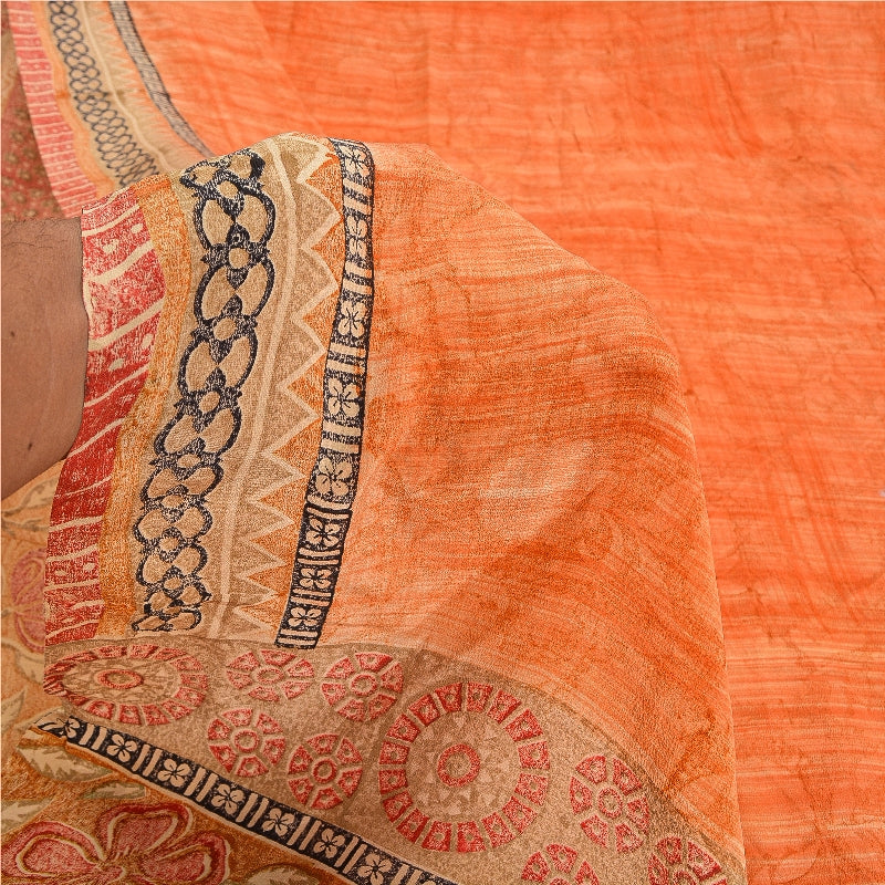 Sanskriti Vintage Sarees Peach & Red Pure Crepe Silk Printed Sari Craft Sustainable Fabric