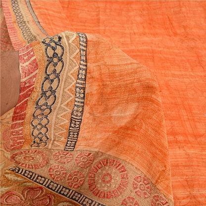 Sanskriti Vintage Sarees Peach & Red Pure Crepe Silk Printed Sari Craft Sustainable Fabric