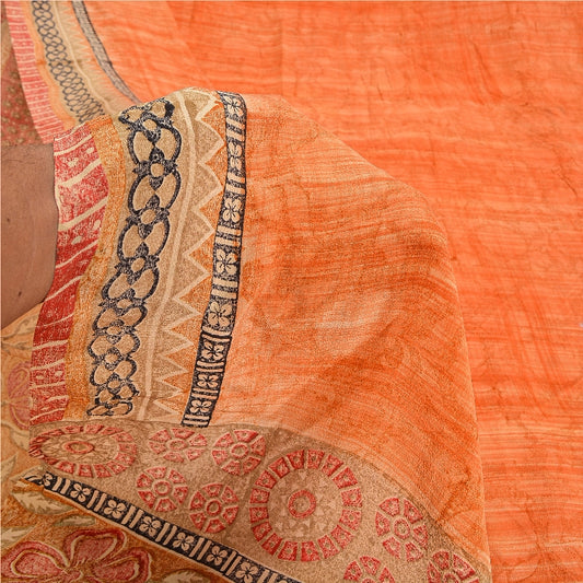 Sanskriti Vintage Sarees Peach & Red Pure Crepe Silk Printed Sari Craft Sustainable Fabric