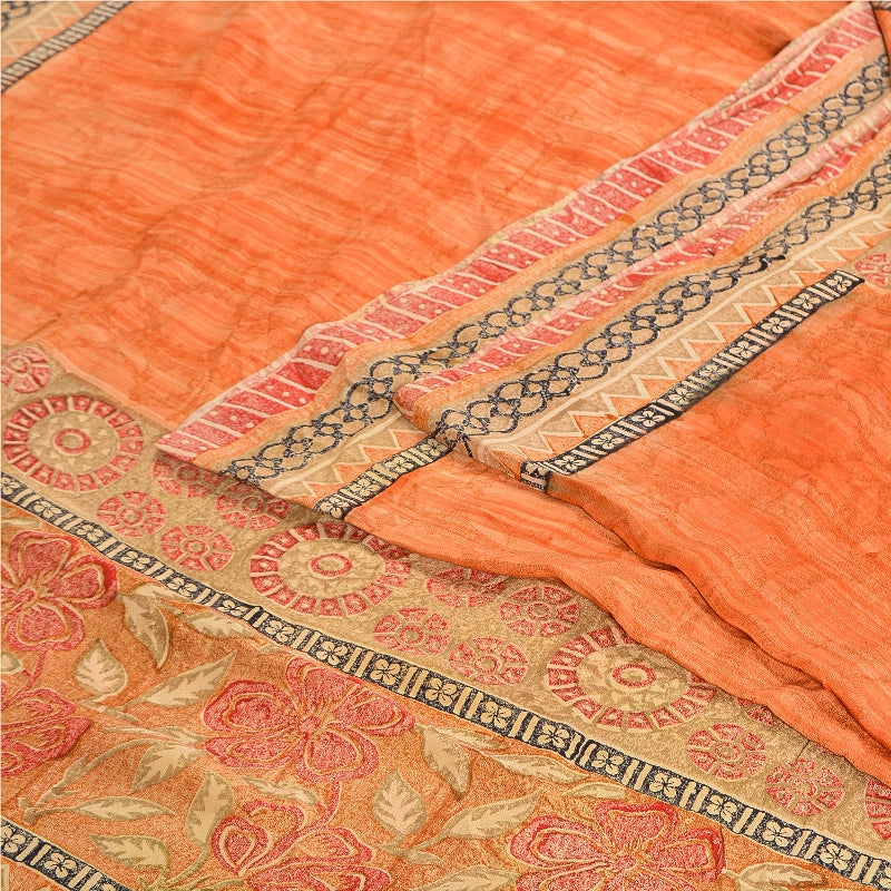 Sanskriti Vintage Sarees Peach & Red Pure Crepe Silk Printed Sari Craft Sustainable Fabric