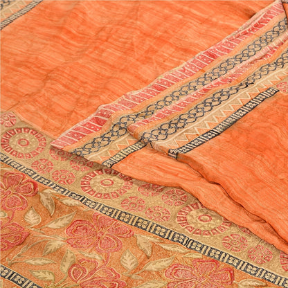 Sanskriti Vintage Sarees Peach & Red Pure Crepe Silk Printed Sari Craft Sustainable Fabric