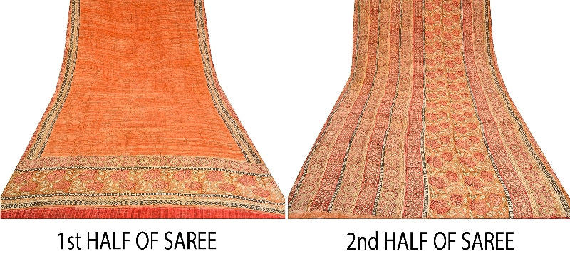 Sanskriti Vintage Sarees Peach & Red Pure Crepe Silk Printed Sari Craft Sustainable Fabric