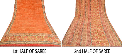 Sanskriti Vintage Sarees Peach & Red Pure Crepe Silk Printed Sari Craft Sustainable Fabric