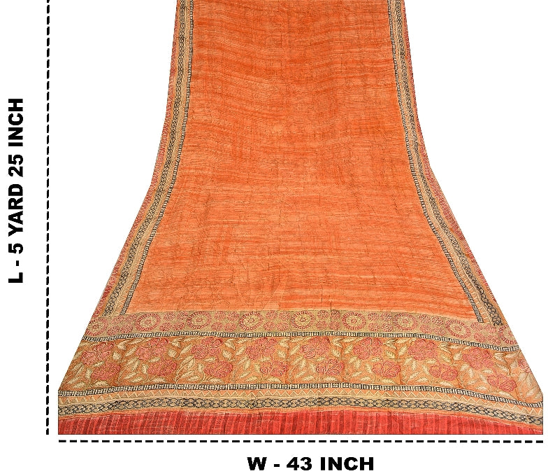 Sanskriti Vintage Sarees Peach & Red Pure Crepe Silk Printed Sari Craft Sustainable Fabric
