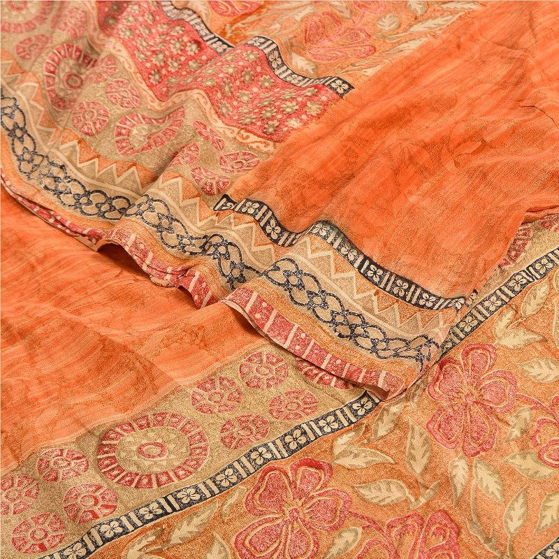 Sanskriti Vintage Sarees Peach & Red Pure Crepe Silk Printed Sari Craft Sustainable Fabric
