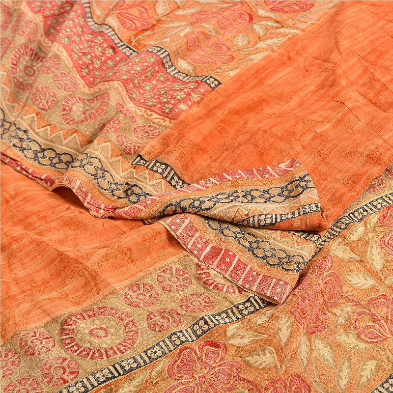 Sanskriti Vintage Sarees Peach & Red Pure Crepe Silk Printed Sari Craft Sustainable Fabric